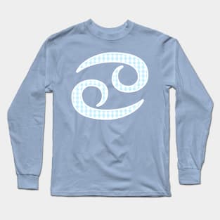 Cancer Zodiac Horoscope Symbol in Pastel Blue and White Gingham Pattern Long Sleeve T-Shirt